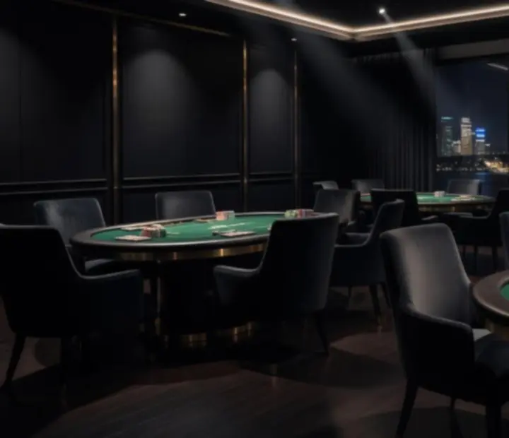 Atmospheric view of Blindan Dember's offline poker tables and grill