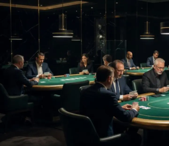 Cinematic card room interior at Blindan Dember with emerald poker felts and burnished gold details