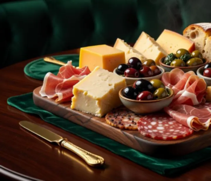 Close-up of a charcuterie board with aged cheeses and cured meats