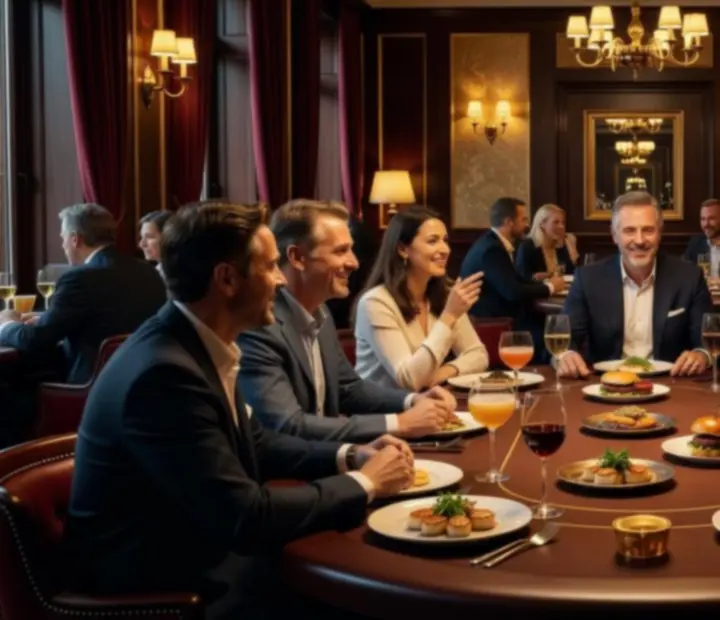 Guests dining and enjoying cocktails beside a luxury poker table