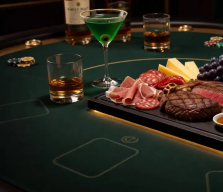 Gourmet wagyu steak and charcuterie served beside poker chips