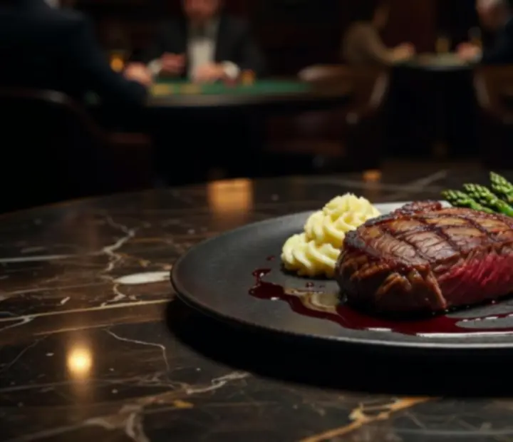 Gourmet steak plated beside a softly lit poker table