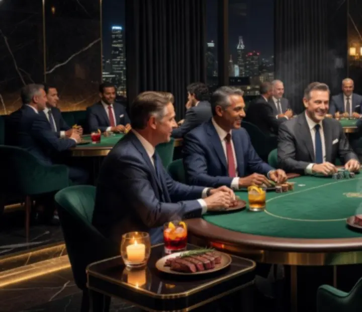 Luxury offline poker lounge with custom poker tables and gourmet dining