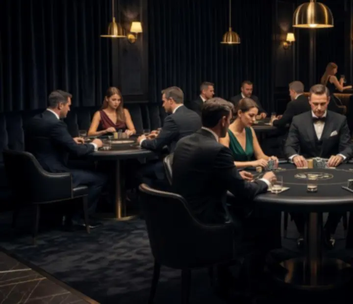 Cinematic offline poker lounge with players seated at luxury poker tables