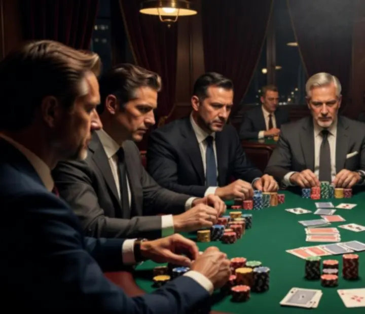 Players at offline poker tables with gourmet food and cocktails
