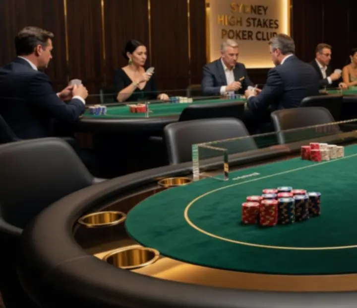 Luxury poker room with custom padded poker tables and rich wood finishes