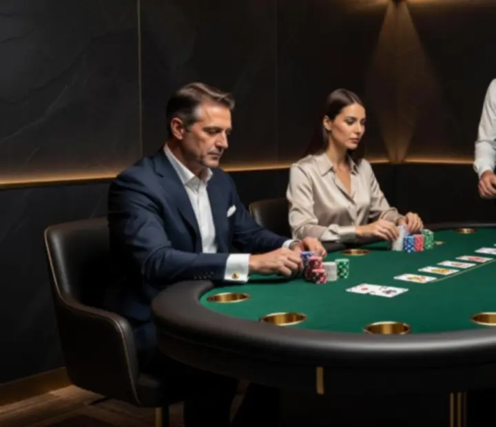 Private poker suite with bespoke table, rich timber finishes, and plush seating.