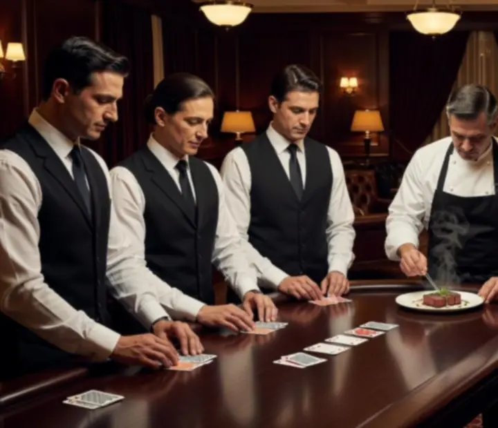 Blindan Dember team preparing poker tables and gourmet dishes behind the scenes