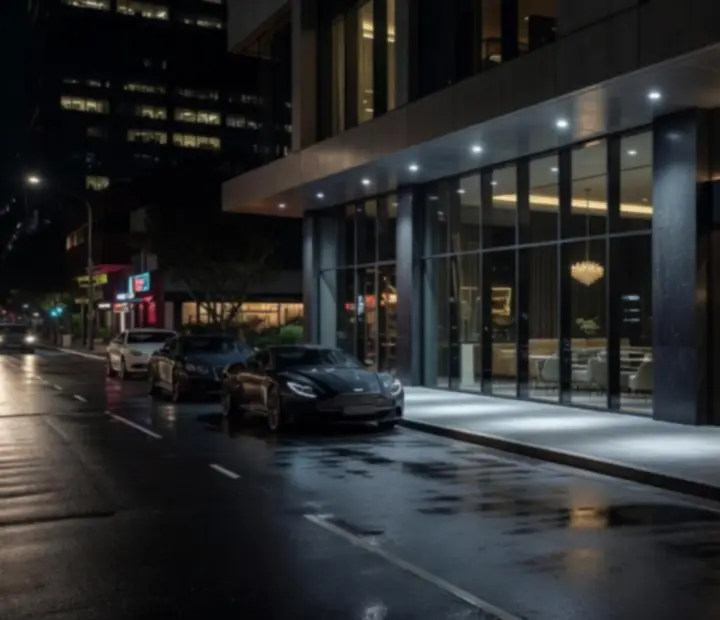 Exterior of Blindan Dember at night with warm golden lighting and noir-inspired entrance