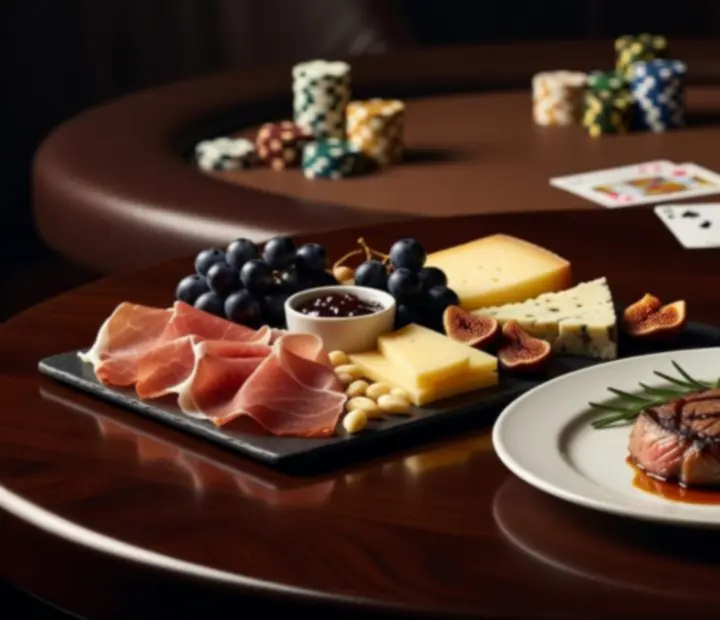 VIP dining table with Australian wagyu, charcuterie, and wine beside a poker table.