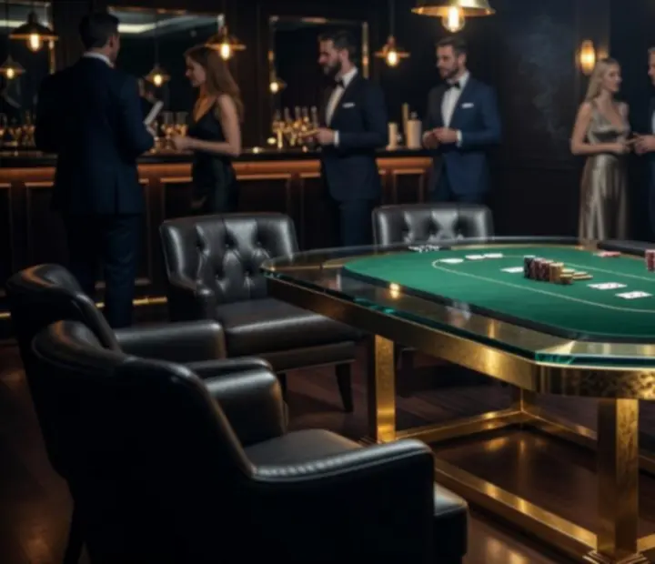 Obsidian-toned VIP poker lounge with luxury tables and low ambient lighting.